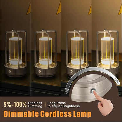 Rechargeable Table Lamp Cordless, 3 Color | Crystal | Stepless Dimming, for Bedroom, Cafe, Camping, Dining Table, Home Decor, 2 Pack (Silver)
