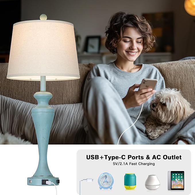 30" Blue Table Lamps Set of 2, Touch Control Coastal Living Room Lamp with USB A+C Ports and AC Outlet, 3-Way Bedside Lamps for Nightstand, Vintage Farmhouse Bedroom Lamp, 2 Bulbs Included