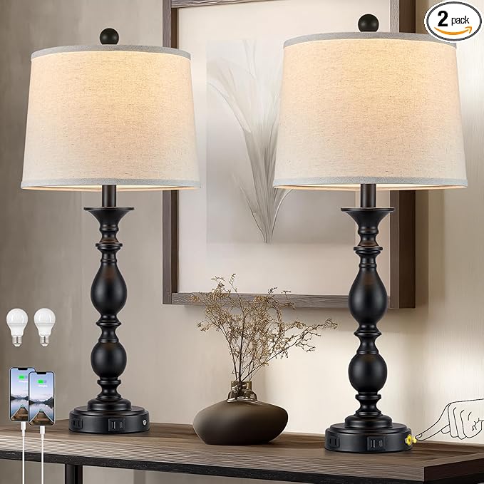 28" Black Modern Table Lamps Set of 2 with USB C+A Ports and AC Outlet, 3 Way Touch Control Tall Bedside Lamps for Bedroom, Metal Farmhouse Nightstand Lamps for Living Room