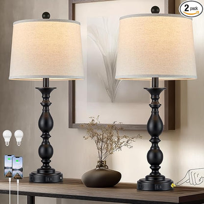 28" Black Modern Table Lamps Set of 2 with USB C+A Ports and AC Outlet, 3 Way Touch Control Tall Bedside Lamps for Bedroom, Metal Farmhouse Nightstand Lamps for Living Room