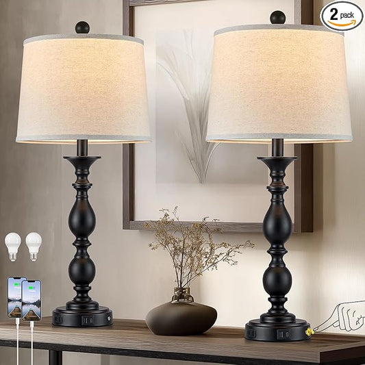 28" Black Modern Table Lamps Set of 2 with USB C+A Ports and AC Outlet, 3 Way Touch Control Tall Bedside Lamps for Bedroom, Metal Farmhouse Nightstand Lamps for Living Room