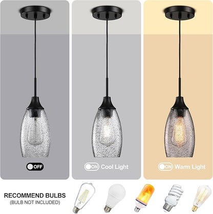 Mini Glass Pendant Light,4.72" Black Glass Hanging Light 3-Pack Handblown Clear Black Seeded Shade Adjustable Cord Ceiling Light Fixture for Kitchen Island Sink