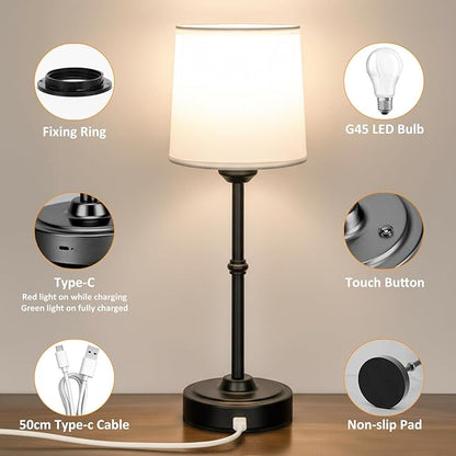 Cordless LED Table Lamp, Portable Fabric Shade Desk Lamp, 6000mAh Rechargeable Battery Operated Lighting, 3000K Warm Ambient Light for Restaurant/Bar/Bedroom/Beside/Nightstand, Black
