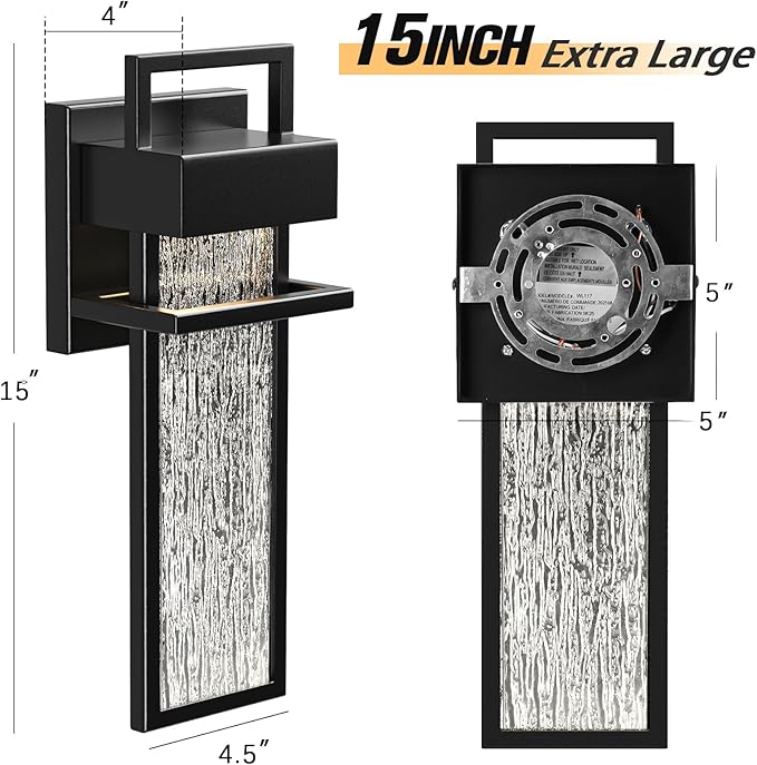 15'' Outdoor Wall Lights 2 Packs, 3000K Integrated LED Outdoor Sconce, Modern Exterior Lighting Fixtures with Rippled Glass, Waterproof Porch Light Outside Lights for House Garage Patio, Black