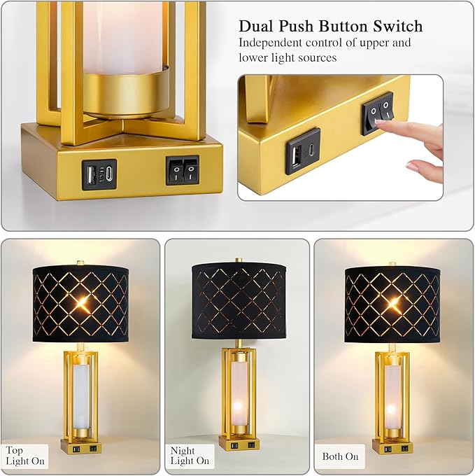 RORIANO Set of 2 Modern Table Lamps for Living Room Bedroom with USB C+A, Rustic Nightstand Lamps with White Night Light, Black Grid Shade, Desk Lamps for Bedside End Tables, 4 Bulbs Included (Gold)