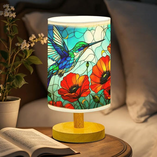 Poppy Humminhbird Table Lamp LED 3-Color Pressed Bedside, Poppy Humminhbird Shade Lamp with Wood Base for Bedroom Living Room Desk Office