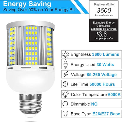 2 Pack 200W Equivalent Led Corn Light Bulb, 3600 Lumen 6000K Daylight 30W LED Corn Lamp, E26/E27 Medium Base for Indoor Garage Factory Warehouse Backyard 85V-265V