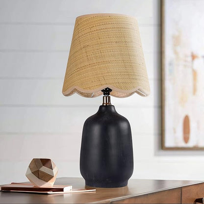 19" Boho Ceramic Table Lamp, Handmade Ceramic Base with Rattan Shade, Farmhouse Plug-in Bedside Nightstand Lamps for Bedroom, Living Room, E26 Socket, Black
