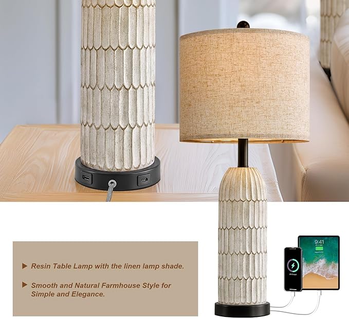 OYEARS 26.5" Table Lamps Set of 2 - Bedside Lamp with USB A+C Charging Ports,Rustic,Perfect for Nightstands and Bedrooms,Black