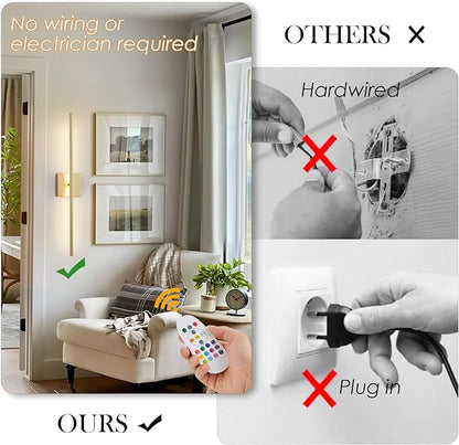 28.3 Inch 9 RGB Color Battery Operated Wireless Wall Sconces Set of Two, with Remote, Dimmable, Warm/Natural White/Daylight, Rotatable, LED Wall Light for Living Room, Bedroom, Gold
