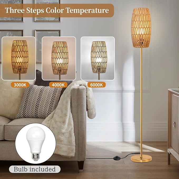 Floor Lamp for Living Room,Farmhouse Floor lamp,Modern Standing lamp with Hand-Worked Rattan Shade (Drum Rattan Shade Body Gold Color-3 Color Bulb)