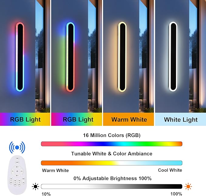 TODOLUZ 2-Pack 40-Inch RGBW Outdoor Wall Lighting Fixtures, IP65 Waterproof 24W LED Linear Dimmable Wall-Mounted Porch Lamp with Remote Control for Front Door Party Garage