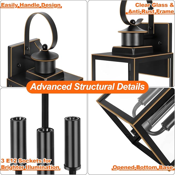 3-Light Outdoor Wall Light Fixtures, 19 Inch Large Waterproof Exterior Wall Sconces with Glass Shades, Black with Gold Trim Anti-Rust Outside Wall Lantern for House, Front Porch, Patio, Garage