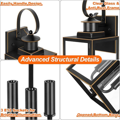 3-Light Outdoor Wall Light Fixtures, 19 Inch Large Waterproof Exterior Wall Sconces with Glass Shades, Black with Gold Trim Anti-Rust Outside Wall Lantern for House, Front Porch, Patio, Garage
