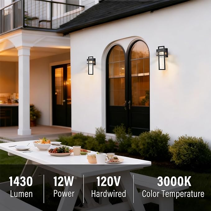 Alighting Modern Outdoor Light Fixture Black Outdoor Porch Lights for House with Water Glass 12W 3000K LED Modern Wall Sconce Lantern for Garage Patio Wall Light Fixture