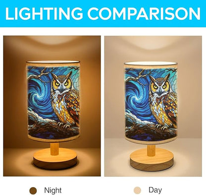 Owl Table Lamp LED 3-Color Pressed Bedside, Owl Shade Lamp with Wood Base for Bedroom Living Room Desk Office TL01