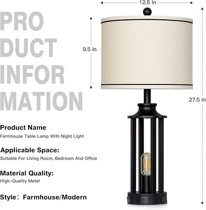 27.5" Black Farmhouse Table Lamps Set of 2, Tall Vintage Lamps for Living Room with USB A+C Charging Ports & AC Outlet, Rustic Bedside Lamp with Night Light, Bedroom Lamp for Nightstand Side End Table