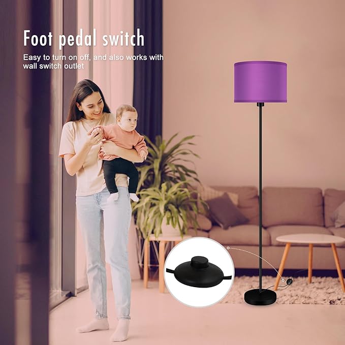 Floor Lamp, Standing Lamp, Modern Stand Up Lamps with Purple Lampshade, 59" Tall, Foot Switch, Simple Living Room Decor for Kids Room, Girls Room, Den, Office - Black(NO Bulb,E26 Base)