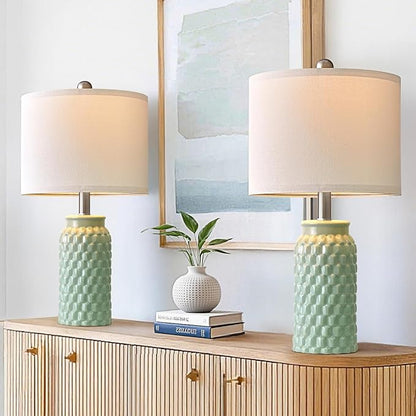 20.5" Set of 2 Bedside Table Lamps Modern Green Honeycomb Ceramic - Linen Shade, E26 Knob Switch for Living Room, Bedroom & Nightstand
