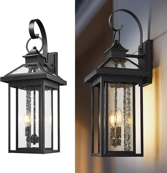 zeyu Medium Outside Wall Light Fixture, 25.2'' Industrial Porch Wall Light for Garage in Black Finish, Die-Cast Aluminum with Seeded Glass Shade, ZW114BM BK
