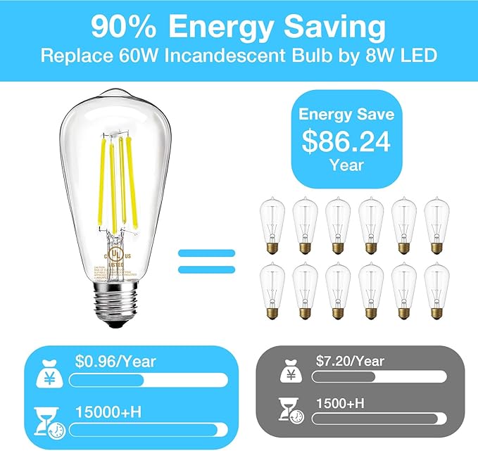 DAYBETTER 10 Pack LED Lights, Vintage LED Edison Bulbs 60 Watt Equivalent, ST58 Antique Filament Light Bulbs, E26 Dimmable Bulb with Natrue White 5000K, Brightness 8W, 800LM, Clear Glass