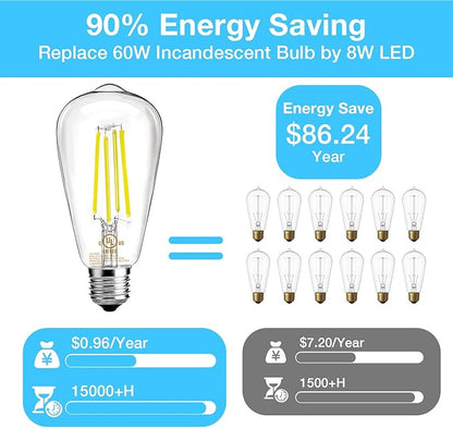 DAYBETTER 20 Pack ST58 LED Edison Bulbs, 8W Vintage Light Bulbs, Equivalent 60 Watt, 800LM, CRI85+, 5000K Warm White, Dimmable E26 Base LED Filament Bulbs for Home, Office, Clear Glass