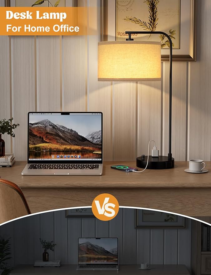Innqoo Tall Table Lamp with USB Port and Outlet, Dimmable Nightstand Bedside Lamps with Linen Lampshade, Desk Lamp for Bedroom, Living Room, Guest Room, Home Office, LED Bulb Included