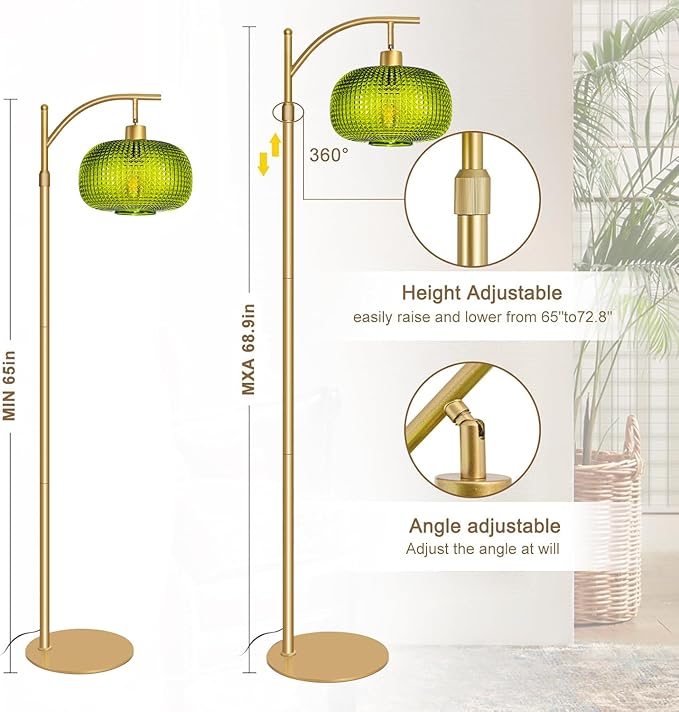 Modern Floor Lamp for Living Room, Mid Century Tall Standing Lamp Green Glass Lamp Shape, Dimmable Gold Tall Pole Lamp for Bedroom Office with Remote, 1 x 12W LED Edison Bulbs Included