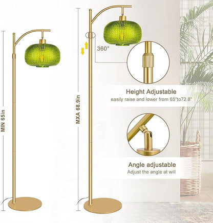 Modern Floor Lamp for Living Room, Mid Century Tall Standing Lamp Green Glass Lamp Shape, Dimmable Gold Tall Pole Lamp for Bedroom Office with Remote, 1 x 12W LED Edison Bulbs Included
