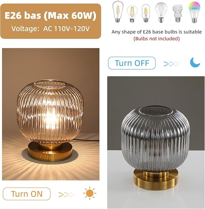 Bedside Table Lamp with Glass Shade, Small Nightlight Lamp Elegant Nightstand Lamp Modern Desk Lamp with Plug-in Style for Bedroom Living Room Tabletop,Smoky Gray, Dia7.9"x H8.7"