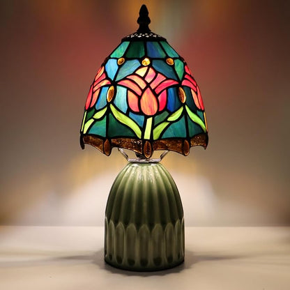 Tiffany Lamp Stained Glass Mushroom Table Lamps 6X6X12.5 Inch Blue Red Tulips Style Small Night Light Ceramic Base Mini Accent Desk Light Suitable for Bedside Table Bedroom Children Room