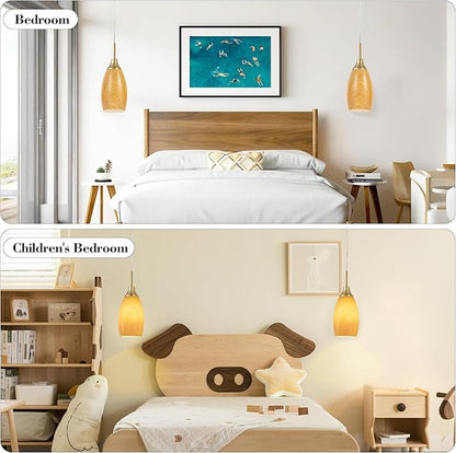 Mini Glass Pendant Light 4.72" Walnut Wood Grain Pendant Lights 1-Pack Handblown Art Oval Glass Hanging Pendant Light for Kitchen Island Dining Room Living Foyer Hallway Entry Brushed Gold