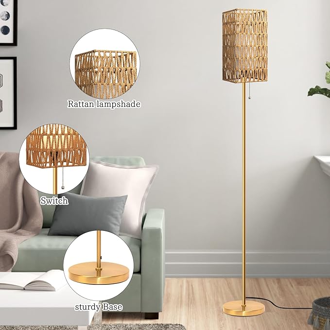 Floor Lamp for Living Room,Farmhouse Floor lamp,Modern Standing lamp with Hand-Worked Rattan Shade (Square Rattan Shade Body Gold Color-3 Color Bulb)