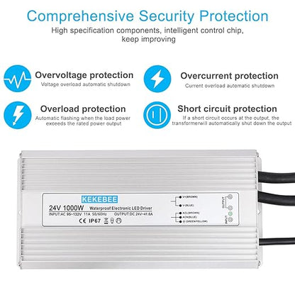 LED Driver 24V1000W Waterproof Power Supply AC95-132V to DC24V41.6A Low Voltage DC Transformer IP67 with 3-pin US Plug Suitable for Indoor and Outdoor LED Lighting and Any 24V DC Devices