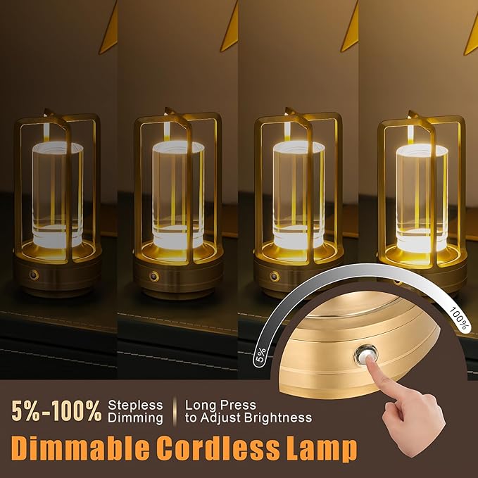 Rechargeable Table Lamp Cordless, 3 Color | Crystal | Stepless Dimming, for Bedroom, Cafe, Camping, Bar, Dining Table, Restaurant, Gold