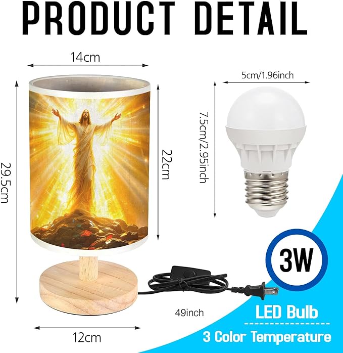 The Resurrection of Jesus Table Lamp LED 3-Color Pressed Bedside, The Resurrection of Jesus Shade Lamp with Wood Base for Bedroom Living Room Desk Office TL01