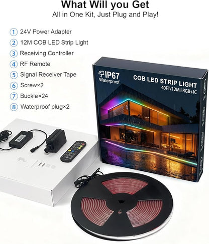 COB LED Strip Lights, RGB Smart IC, IP67 Waterproof, Dimmable 40FT/12M, Color Flowing Tape Light with App Control & Music Sync, Dotless LED Light for Outdoor, Patio, christmas & Party Decorations