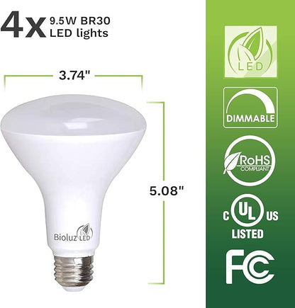 Bioluz LED 4 Pack BR30 LED Bulbs Indoor Flood Lights 90+ CRI 75W Equivalent uses 9.5W 2700K Warm White 850 Lumens E26 Base Dimmable Instant On Interior Home Décor UL Listed FCC RoAS Title 20 Certified