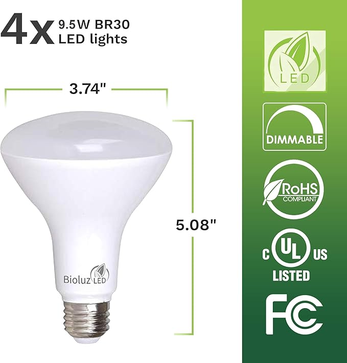 Bioluz LED 4 Pack BR30 LED Bulbs Indoor Flood Lights 90+ CRI 75W Equivalent uses 9.5W 3000K Soft White 850 Lumens E26 Base Dimmable Instant On Interior Home Décor UL Listed FCC RoAS Title 20 Certified