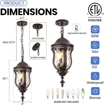 Large Outdoor Pendant Light Fixtures, 19.1'' Exterior Hanging Lantern Porch Light Adjustable, Brown Hanging Lamp Farmhouse Exterior Chandelier Ceiling Mount for Entrance Patio