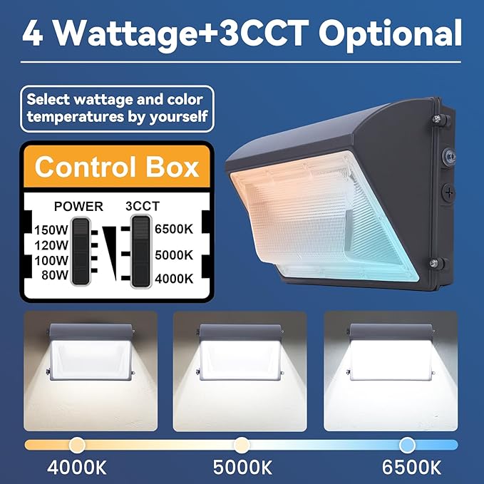 150W LED Wall Pack Light with Photocell, 4000/5000/6500K 3CCT, 80/100/120/150W Selectable, Security Lighting Dusk to Dawn Outdoor LED wall lights for Parking Lot Warehouse, 100-277VAC, ETL Listed