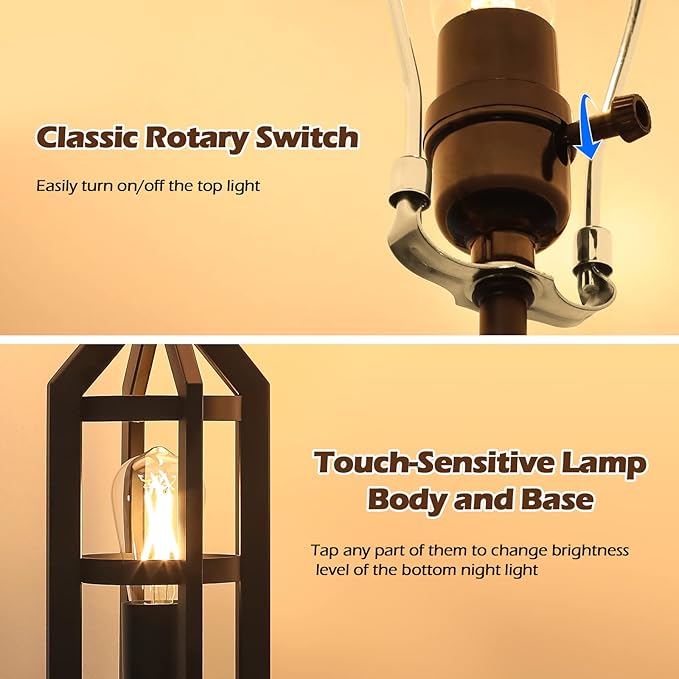 BesLowe 2-Light Farmhouse Touch Table Lamps, 3-Way Dimmable Bedside Lamps with 2 USB Ports for Bedroom, Rustic End Table Lamps for Living Room with White Shades, 4 LED Bulbs Included, Set of 2
