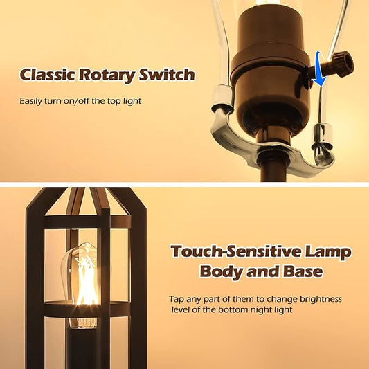 BesLowe 2-Light Farmhouse Touch Table Lamps, 3-Way Dimmable Bedside Lamps with 2 USB Ports for Bedroom, Rustic End Table Lamps for Living Room with White Shades, 4 LED Bulbs Included, Set of 2