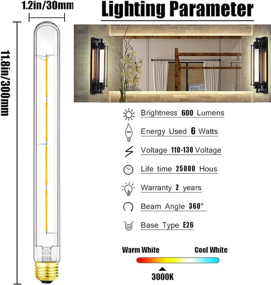 XININSUN T300 Led Bulb, 11.8 Inch Long Tubular Led Light Bulbs, 100Watt Equivalent, 1000lm, Dimmable, Clear Glass, E26 10W T10 LED Edison Tube Lamp Bulb,4 Pack. (6W=60W 3000K)
