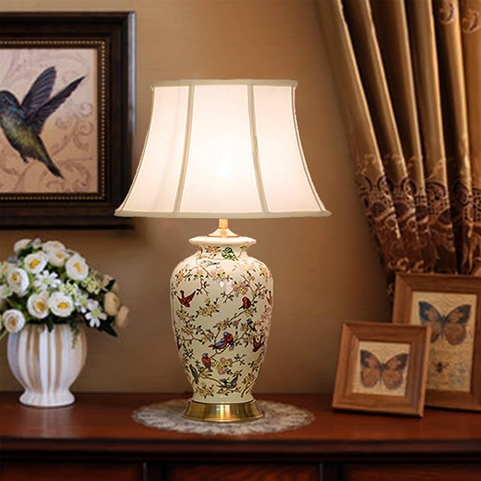 PURESILKS White 27" Flower and Bird Ceramics Table Lamp Chinoiserie Desk Lamp,Fabric Drum Shade,Gold Base, Tall Table Lamp Decor for Living Room Bedroom Bedside Office College Bookcase