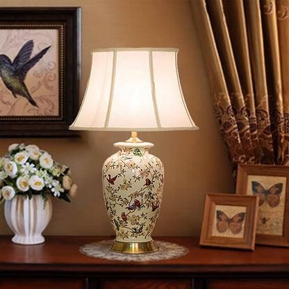 PURESILKS White 27" Flower and Bird Ceramics Table Lamp Chinoiserie Desk Lamp,Fabric Drum Shade,Gold Base, Tall Table Lamp Decor for Living Room Bedroom Bedside Office College Bookcase