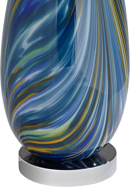 Possini Euro Design Pablo Modern Style 3-Way Table Lamp with Table Top Dimmer 27" Tall Multi Color Blue Art Glass Fabric Drum Shade for Living Room Bedroom Bedside Nightstand Home (Color May Vary)