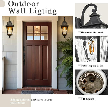 Outdoor Wall Lights 21 Inch Large Size Exterior Porch Lights Wall Mount with Water Ripple Glass Black Outdoor Porch Light for Houses E26 Socket Downward Installation