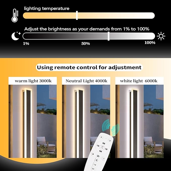 39 Inch Black Modern Outdoor Wall Light 3000K-6000K Dimmable Modern Exterior Wall Sconce Long LED Linear Exterior Lights for Patio Garden Garage