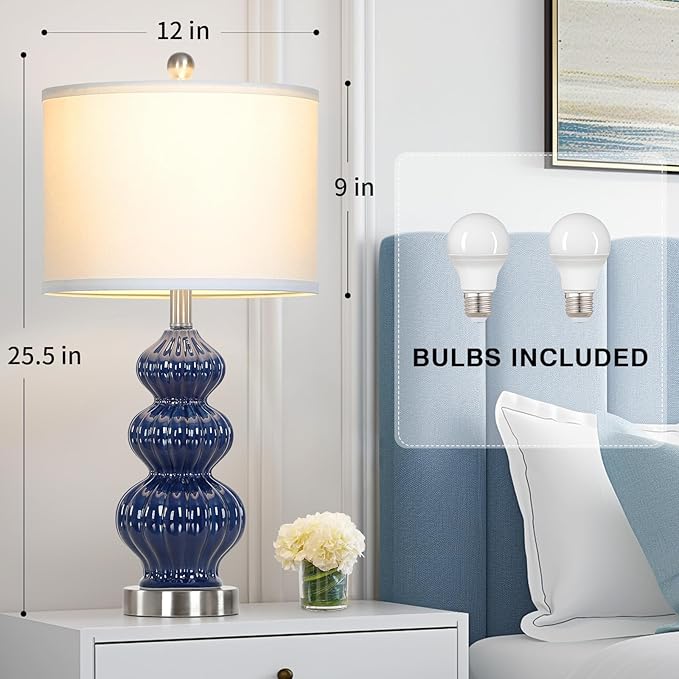 26" Blue Table Lamp Set of 2 with Rotary Control, Ceramic Table Lamps Classic Beside Lamps Nightstand Lamp Modern Table Lamp for Living Room,LED Bulbs Included